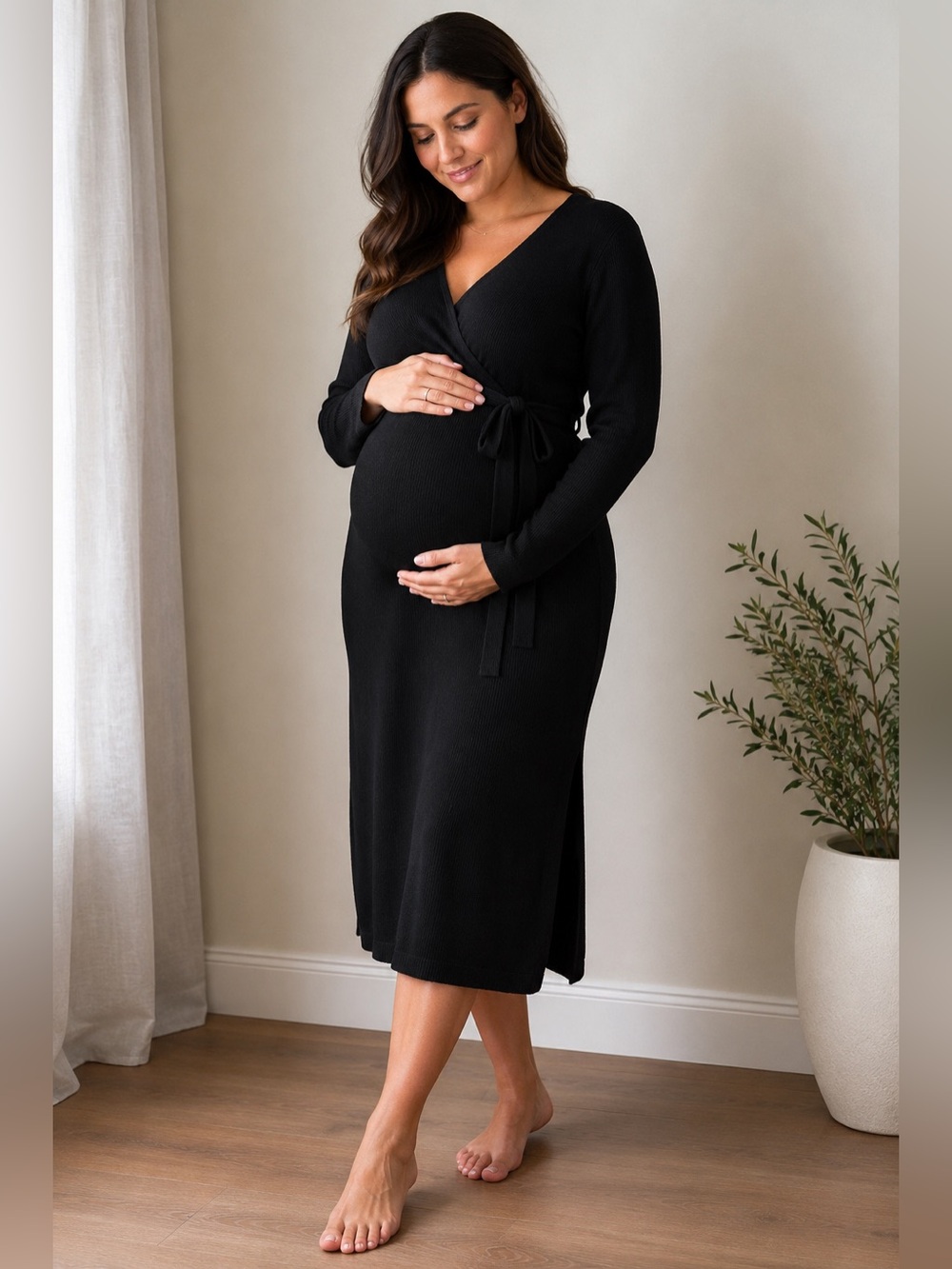 Isabel Maternity Black Ribbed Wrap Sweater Midi Dress Long Sleeve Bump Friendly